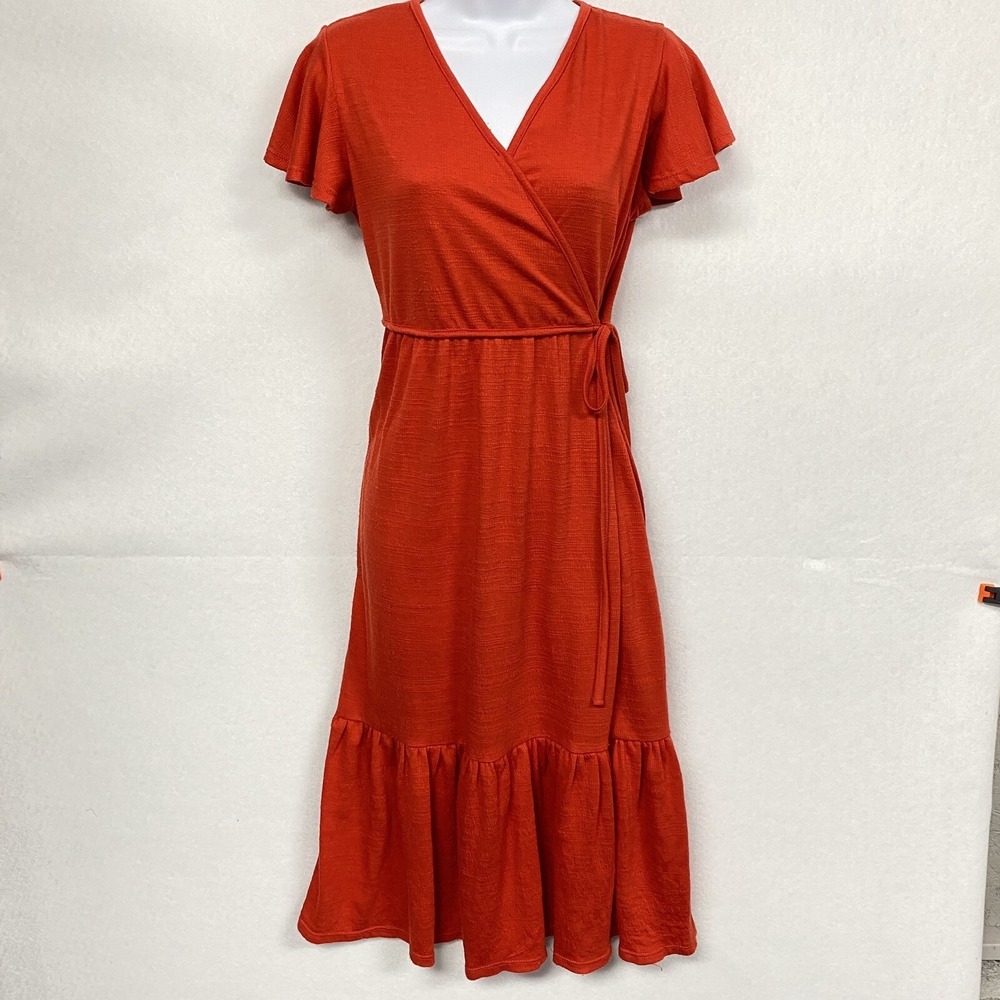 Max Studio Women S A Line Dress Red Flutter Sleeve High Waist Tie Midi
